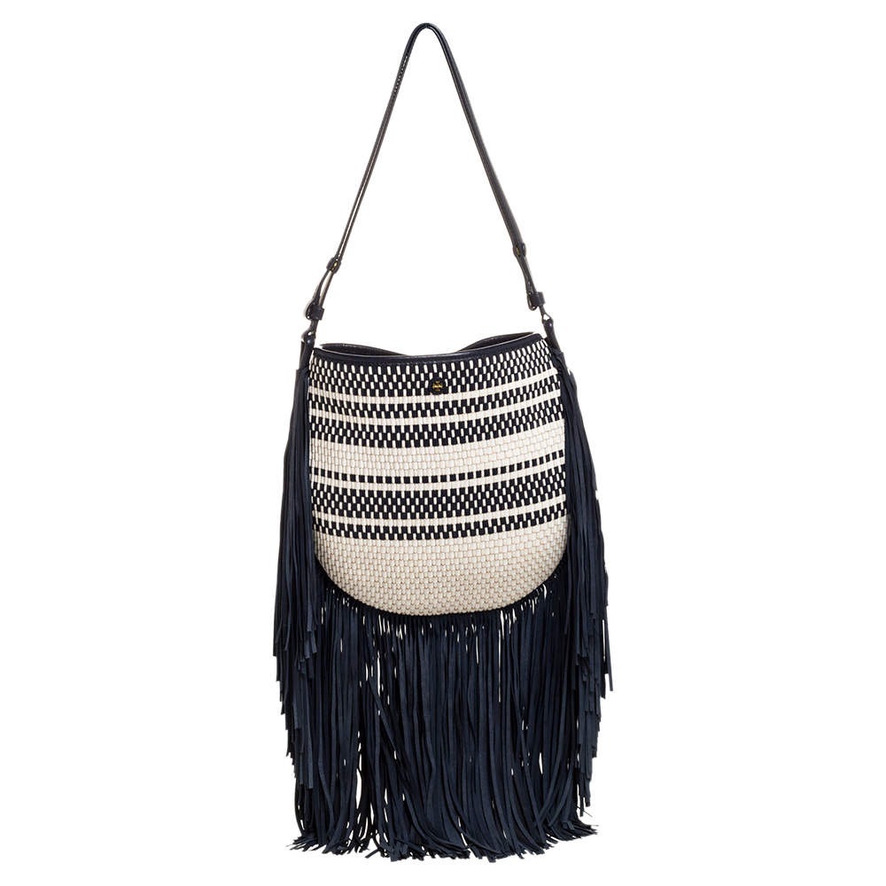 Navy fringe Leather and 
Cotton rope Handbag with Gold Accents